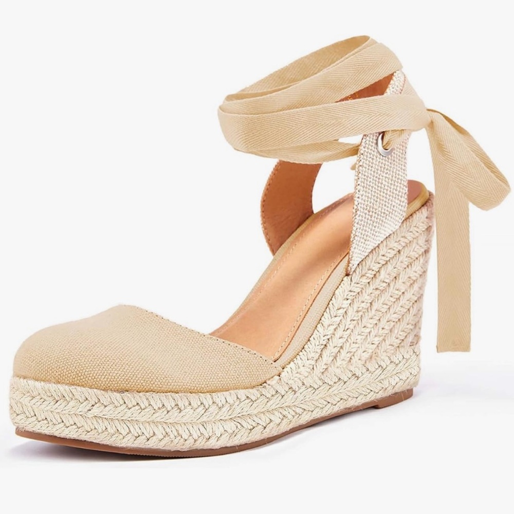 Gold Espadrille Wedge Sandals with Ankle Tie